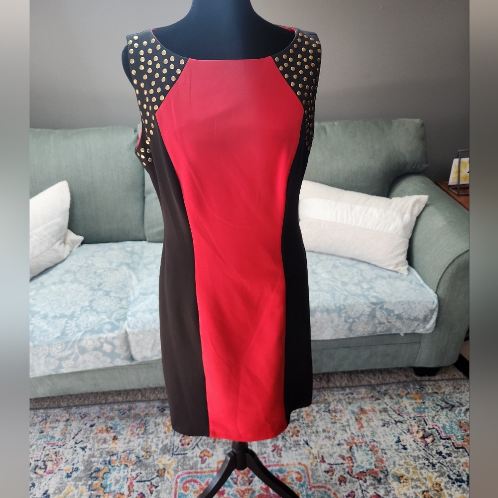 Signature by Sangria Red and Black Midi Dress with Gold Stud Accents